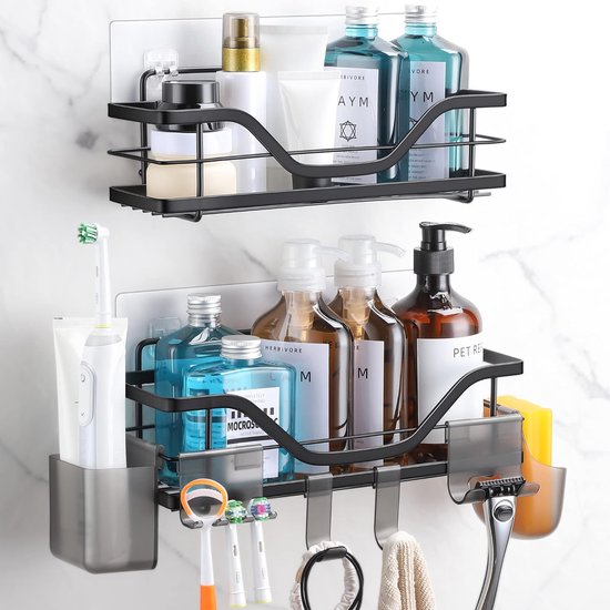 Doucheplank zonder boren, 2 stuks, zwart, van roestvrij staal, rek, zelfklevend, wandrek met 10 haken, doucheplank voor shampoohouder voor badkamer en keuken