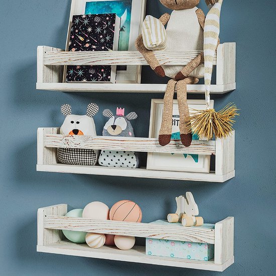 Set van 3 witte massief houten wandplanken - Kinderkamer - Ideaal voor boeken en speelgoed