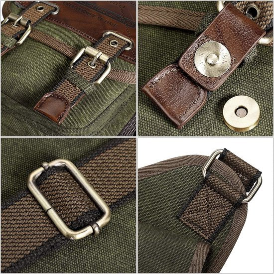 Unisex borsttas voor heren, vintage canvas, PU-leer, militaire multifunctionele schoudertas voor reizen, wandelen, school