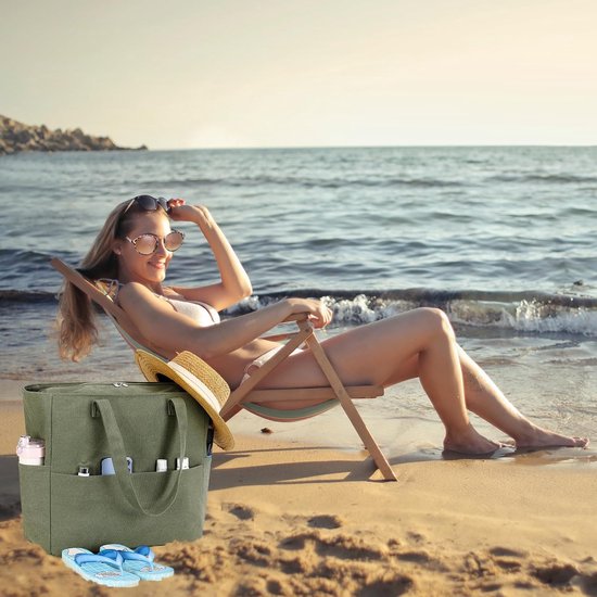 Grote strandtas met ritssluiting dames waterdichte schoudertas draagtas shopper zanddicht met ritssluiting zwembad fitness reistas familie, legergroen canvas
