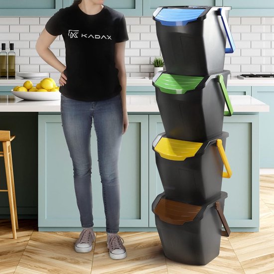 KADAX - Recycling-emmer, 25 liter afvalemmer/prullenbak met deksel - afvalemmerset voor gemakkelijke afvalscheiding, afvalverzamelaar, afvalscheider voor biologisch afval, papier, glas - 4x25L