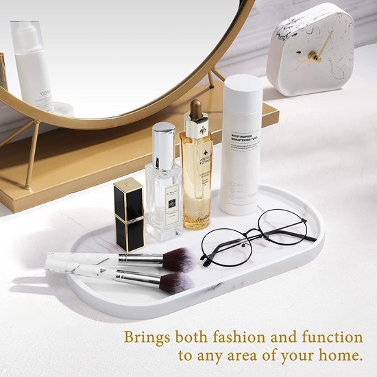 Hars badkamerdienblad, make-uptafel, dienblad, organizer, decoratieve ovale badkamer, sieradenopslag, serveerplank schaal voor kaarsen, zeep, cosmetica, sieraden, plant, 70 x 40 cm, marmer wit