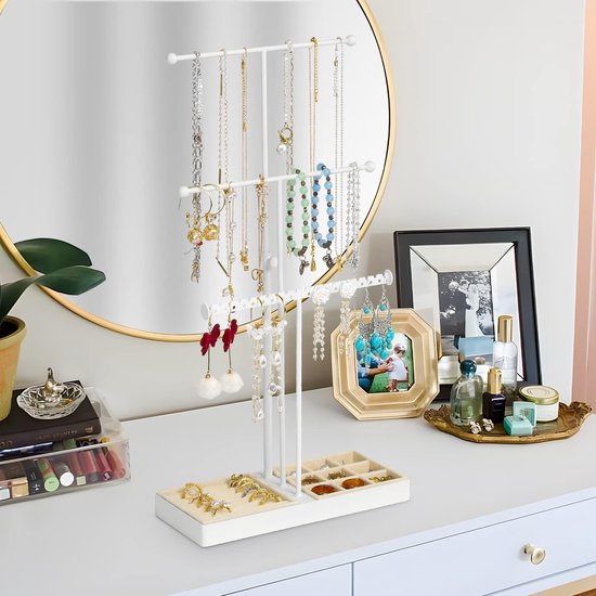 Sieradenstandaard, in hoogte verstelbaar, sieradenhouder, 3 stangen, kettingstandaard, horlogestandaard, oorbelhouder, T-bar, kettinghouder, sieradenopslag met fluwelen dienblad voor kettingen, ringen, oorbellen en armbanden