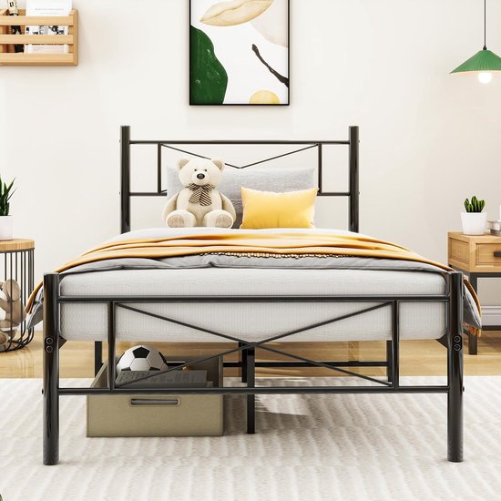 Metalen bed met lattenbodem, bedframe met hoofdeinde, eenpersoonsbed, gastenbed, eenpersoonsbedframe, 90 x 200 cm, zwart