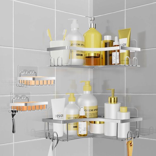 Douche- en badrekje, 2 grotere doucheplanken, 2 zeepschaalhouders en 8 haken aan de rand