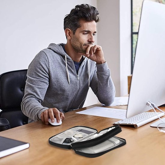 Kabeltas, organizer voor elektronica-accessoires, draagbare kabelorganizer, dubbele kabeltas voor elektronische accessoires, USB-powerbank, SD-kaart, oplaadkabel, 18 x 10 x 5,6 cm, zwart