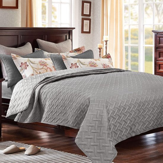 Sprei, bedsprei, 240 x 260 cm, donkergrijs + lichtgrijs, patchwork, omkeerbaar design, beddenspreis van microvezel, quilt bij ultrasoon genaaid, woondeken, bankovertrek, sprei voor bed