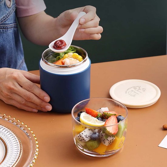 Mueslibeker To Go beker 300 + 400 ml lunchpot yoghurtbeker koffiebeker lekvrij soephouder plastic beker voor kinderen kantoormedewerkers ontbijt werk school picknick reizen blauw