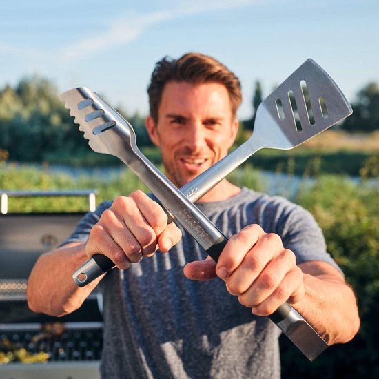 grillbestek, roestvrij staal, 3-delige set, inclusief 8786 grilltang, grillspatel, grillvork, opvouwbare tas, grillaccessoires, gasgrill BBQ, zwart
