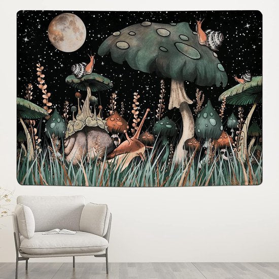 Paddestoel wandtapijt zwart bos slak wandbehang maan sterren planten wanddoek muurkunst wandtapijt voor slaapkamer woonkamer 150x130cm