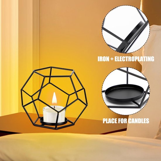Theelichthouder Kaarshouder Metaal Zwart, 2 stuks Geometrische Theelichtjes Kaarshouder Zwarte Theelichtkaarshouder Lantaarn Moderne Decoratie voor Tafeldecoratie Feest Bruiloft Woonkamer