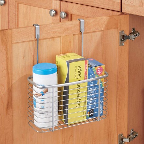 Ruimtebesparende hangmand voor kastdeuren – opbergmand om op te hangen voor zeep, wasmiddel en meer – praktische metalen mand voor de kledingkast, keukenkast of badkamerkast – zilver