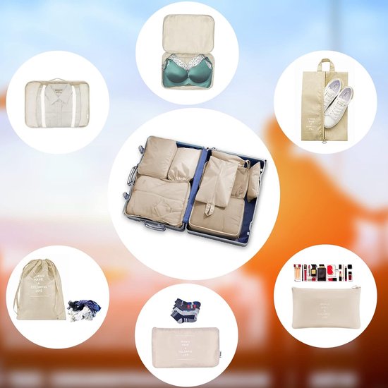 Kofferorganizer, 9-delige set, multifunctionele reis-kledingtassen, waterdicht, pakkubus, compressible voor vakantie, met schoenentas, make-uptas, paktassen, beige