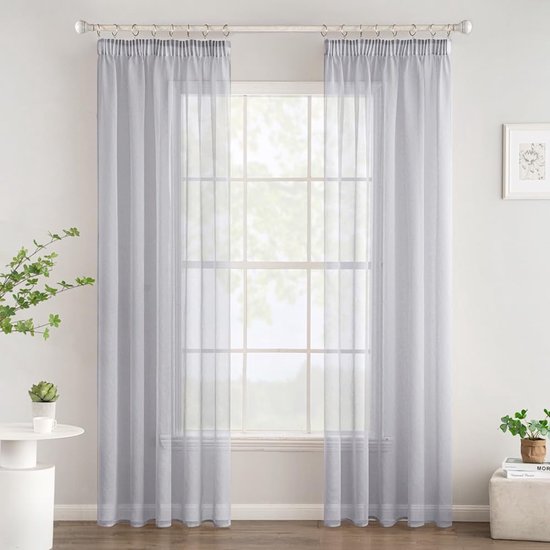 Gordijnen met plooiband, voile, gordijnen voor woonkamer, transparante gordijnen, slaapkamer, moderne vitrage, set van 2, 140 x 245 cm (b x h), grijs