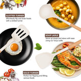 6-delige set kookgerei, van siliconen, hittebestendig, met houten handvat, anti-aanbaklaag, BPA-vrij, kookgerei, vaatwasmachinebestendig, inclusief spatel, lepel, pastamper (wit)