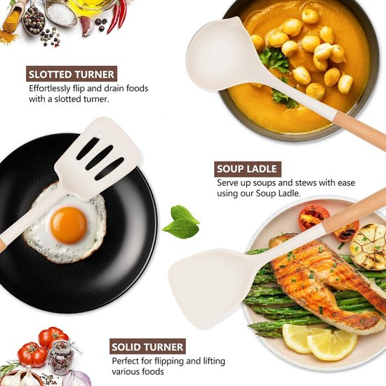 6-delige set kookgerei, van siliconen, hittebestendig, met houten handvat, anti-aanbaklaag, BPA-vrij, kookgerei, vaatwasmachinebestendig, inclusief spatel, lepel, pastamper (wit)