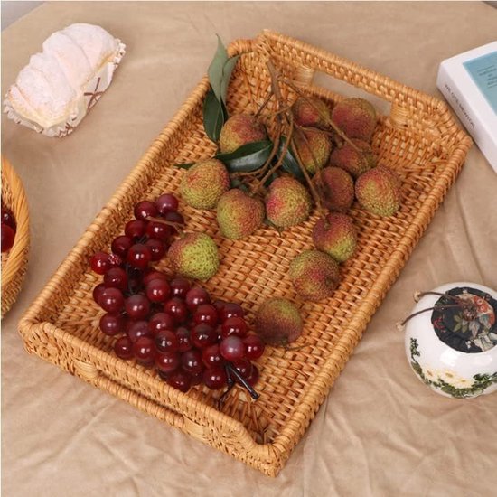 Rotan dienblad met handgrepen, rechthoekig rotan dienblad voor ontbijt, drankjes, snacks voor eetkamer/salontafel (43 cm)