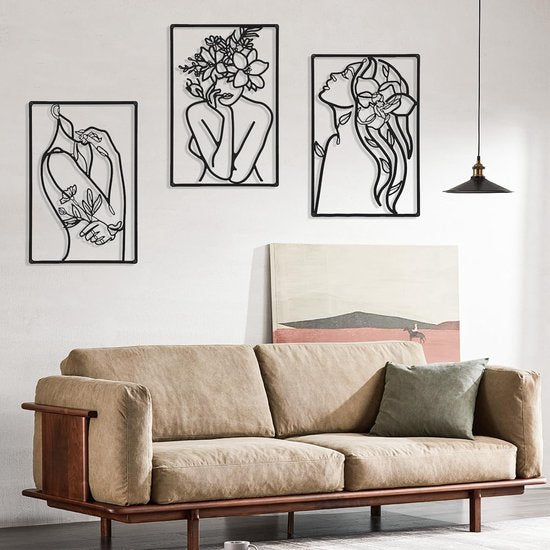 3 stuks 35 x 25 cm wanddecoratie van metaal, waterdichte wandsieraden, wandsculpturen om op te hangen, moderne wanddecoratie, metaal, woonkamerdecoratie, minimalistische muurkunst, abstracte