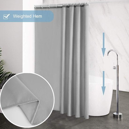 180x180 douchegordijn, schimmelwerend in badkamergordijn voor badkuip, douche, textielgordijnen van stof, waterdicht, wasbaar, met 12 douchegordijnringen, grijs.