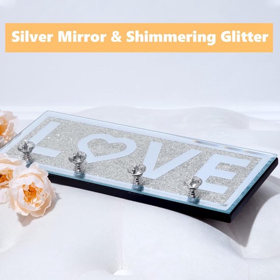 Home Sleutelhouder Zilver met 4 Kristallen Haken, Gespiegelde Sleutelopslag, Sleutelhaak Modern, Sleutelhouder Muur, Wanddecoratie, Hal