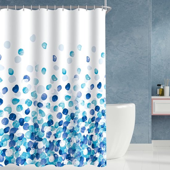 Shower Curtain, 260 x 200 cm, Blue Petals, Weighted Hem, Anti-Mould Textile, Water-Repellent, Washable Polyester Bath Curtains with 14 Eyelets and Shower Curtain Rings for Bathroom, Bathtub