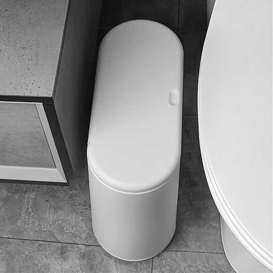 Plastic afvalbak van 2,2 gallon/10 liter met drukdeksel, ovale smalle prullenmand, prullenbak, badkamer, prullenbak voor woonkamer, slaapkamer, keuken, kantoor, gemakkelijk schoon te maken, wit.