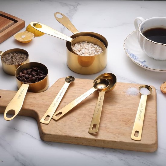 Maatbeker en maatlepel, 8 stuks, roestvrijstalen handgreep met metrische en Amerikaanse maten, goudkleurig gepolijst oppervlak, cup maatbeker voor droge en vloeibare ingrediënten, voor bakken en koken (goud)