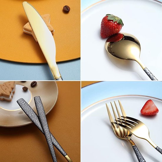 Bestekset, 30 stuks, glanzende gouden kopcoating met zwarte Marsgreep, roestvrij staal, titanium coating, messen, lepels, vorken, bestekset, bestekset voor 6 personen