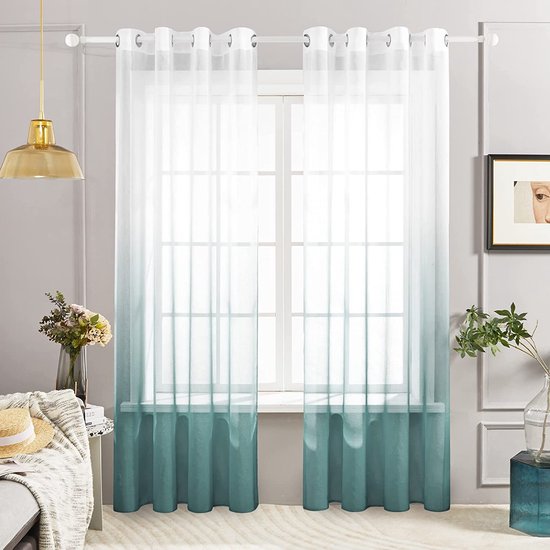 Voile Grijs Blauw Gordijnen met Ringen 140 x 270 cm(Breedte x Hoogte), Kleurverloop Semi-Clear Transparante Gordijnen voor Woonkamer Slaapkamer Kinderkamer, Set van 2