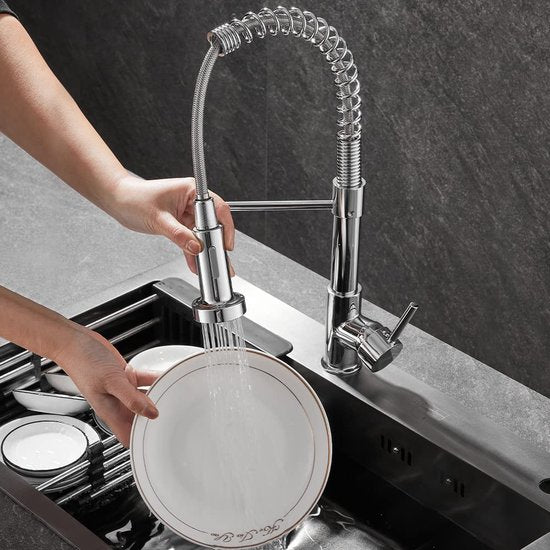 Keukenkraan met handdouche, 360° draaibaar, keukenkraan met veer, 2 straalsoorten.