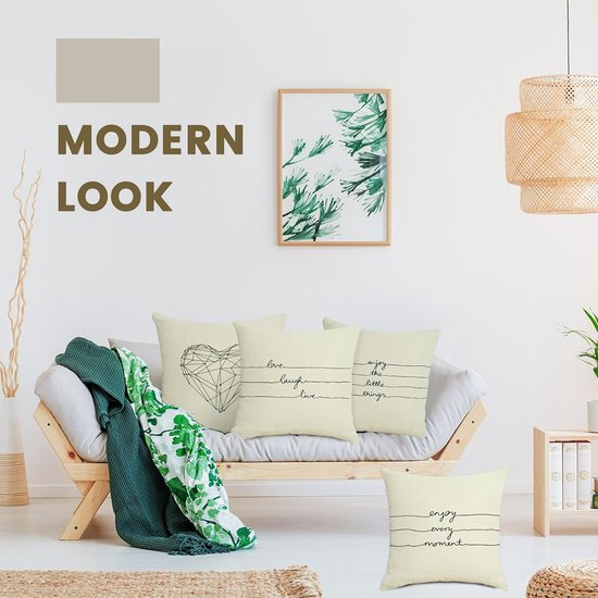 Kussenslopen 4 stuks 40x40 linnen mix kussensloop hart bankkussenovertrek set "Love Laugh Live" kussenhoezen crème decoratief kussen