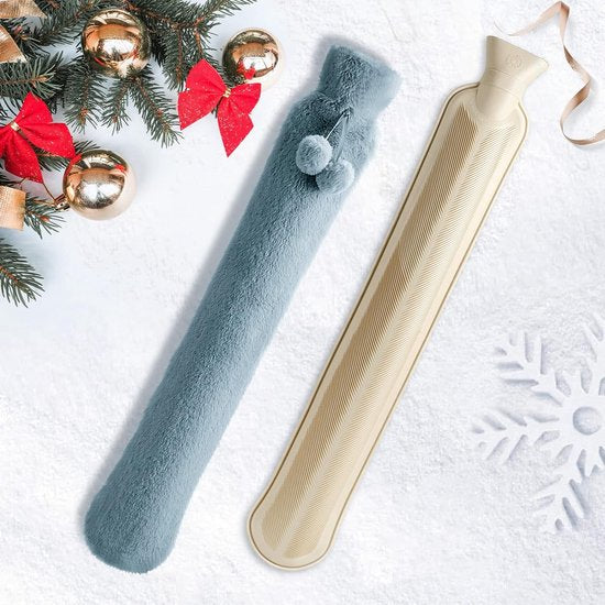 Warmwaterkruikslang, lang, 2 liter, met overtrek, 73 cm nekwarmwaterkruik om om te binden, warmtegordel om te warmen, ook te koelen voor nek, schouder, onderlichaam, rug, warmwaterfles voor