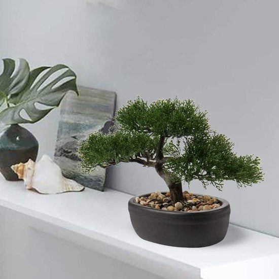 Kunstbonsai Kunstmatige Plant Kunstboom Bonsai Ceder Pine Podocarpus Plastic Plant Kunstplant met keramische bloempot in zwart voor Badkamer Decoratie Desktop Kantoor Vensterbank