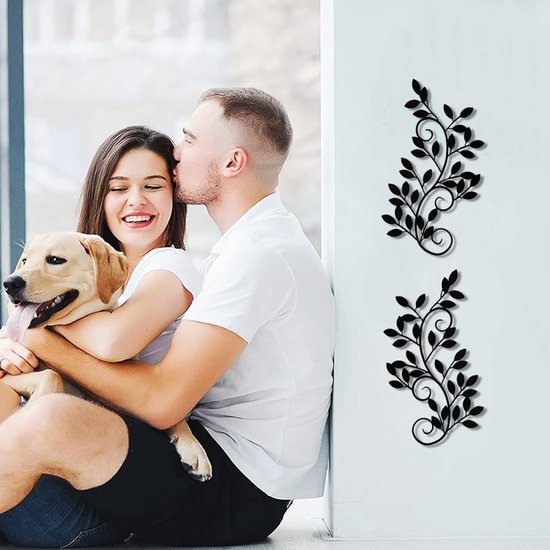 Set van 2 metalen boombladeren muurdecoratie wijnstok olijftak blad muurkunst ornament muurhangend bord voor bovendeur, woonkamer, kantoor, binnen- en buitendecoratie (zwart)