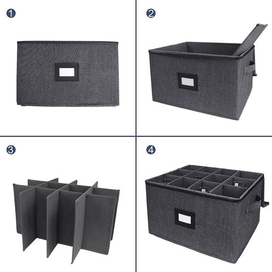 Opbergdoos voor wijnglazen, 2 stuks, bewegende glashouder voor wijnglazen, vouwdoos met scheidingswanden, glazen, opslag voor 24 kristalglaswerk, kristalglaswerk (44 x 33 x 25 cm, donkergrijs)