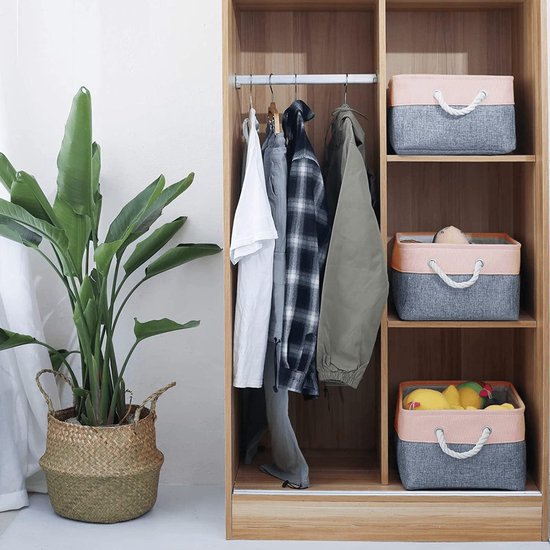 Grote opbergdoos, 3 stuks, stoffen opbergmand, met handgrepen, mand, opslag voor plank, kast, kinderkamer (grijs/roze, 42 x 32 x 25 cm)