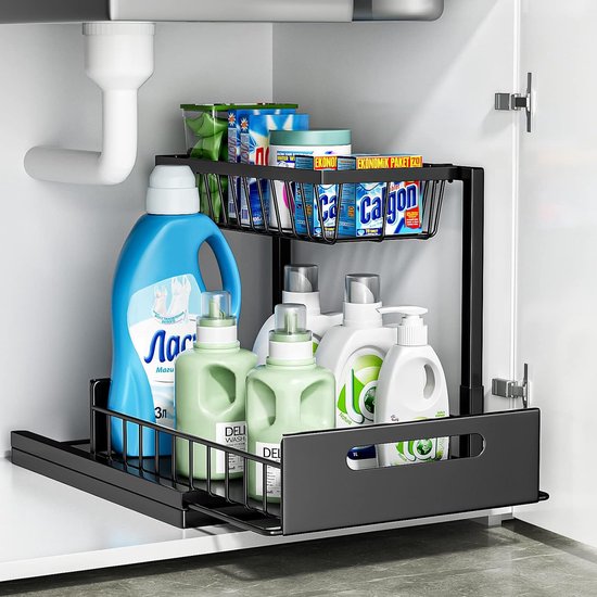 Metalen rek voor onder de wastafel, 2 etages, keukenkastorganizer met lade, grote capaciteit, onderkastrek, kruidenrek en keukenhulp voor keuken, badkamer, onderkast, zwart