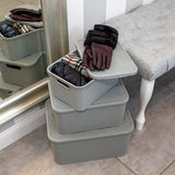 Set van 2 plastic rotan manden met deksels gemaakt van bisfenol A (BPA)-vrij polypropyleen, lichtgrijs, maat S (7 liter)