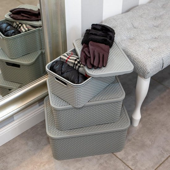 Set van 2 plastic rotan manden met deksels gemaakt van bisfenol A (BPA)-vrij polypropyleen, lichtgrijs, maat S (7 liter)