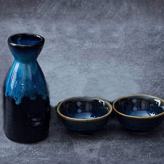 Kungfu Thee, 3 stuks keramische bekers, blauwe sake set, porseleinen bakje voor thuis hete of koude sake