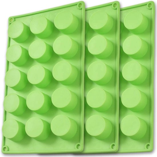 Newk Cilinder Siliconen Mal, 3 Packs 15-Holte Ronde Cilindervorm voor Cupcake, Handgemaakte Zeep, Muffin, Cake, Cheesecake, Brownie, Chocolade Cover-Groen