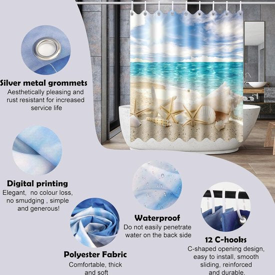 180 x 200 cm Fabric Shower Curtain Polyester Textile Anti-Mould Waterproof Washable for Bathroom Bath and Shower Ocean Style Decorate Curtain Shower Curtains with 12 Shower Curtain Rings