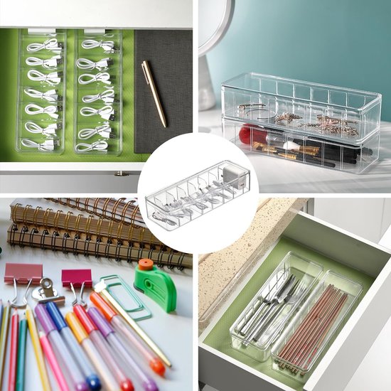 Kabelopbergdoos, 2 stuks kabelorganizerbox met deksel, 8 vakken met 30 kabelbinders, transparante kabelmanagementbox voor bureau, opslag, kantoor, thuisgebruik