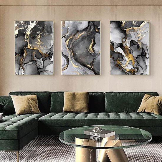 Abstracte fotoset, moderne afbeeldingen op canvas, woonkamer, slaapkamer, zwart gouden posters, wandafbeeldingen, kunstdecoratie - zonder lijst (30 x 40 cm x 3 stuks)