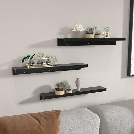 40 cm lang wandrek, zwart, rustiek zwevend rek, fotolijst voor woonkamer, keuken, kinderkamer of slaapkamer, 3 stuks in verschillende maten