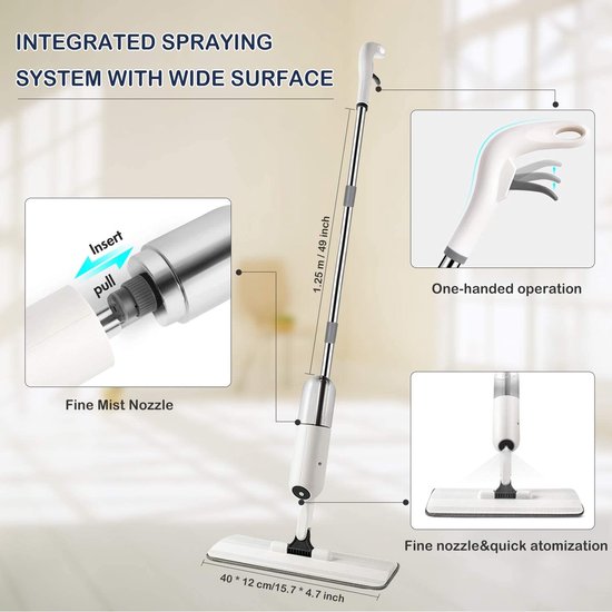 Vloerwisser met sproeifunctie, sproeiwisser voor snelle reiniging met 4 wispads en raamschraper, 360 graden roterende wisser met 450 ml waterreservoir