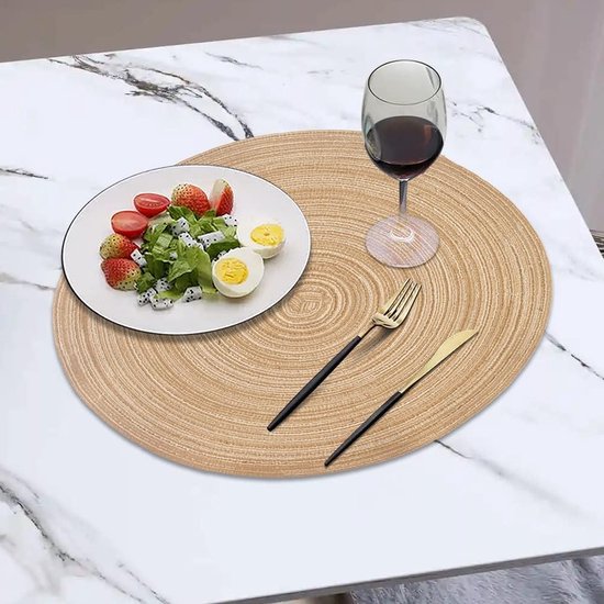 Set van 4 ronde gevlochten wasbare placemats 45 cm linnen geel