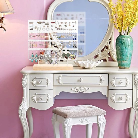 sieradendisplay opbergstandaard met houten sokkel, oorbeldisplay standaard, oorbelhouder voor hangende oorbellen, 144 gaten (wit)