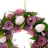 Paaskrans met bloemen van hout en eieren, decoratieve tafelkrans, deurkrans met hanger, stijlvolle paasdecoratie. Translation: Paaswreath met bloemen van hout en eieren, decoratieve tafelwreath, deurwreath met hanger, stijlvolle paasdecoratie.