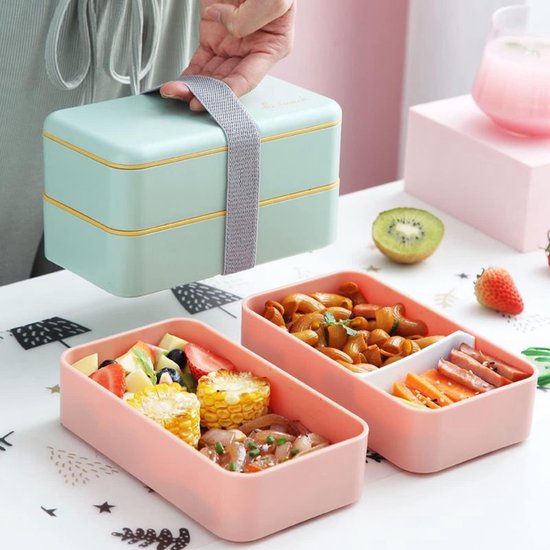 Bento box voor volwassenen, 1200 ml, Japanse bento box, 2-tier Lunchbox, Lunchbox, Lekvrij, Magnetron, Koelkast, vaatwasmachinebestendig, Lunchbox voor school, werk, Picknick, Reizen (groen)